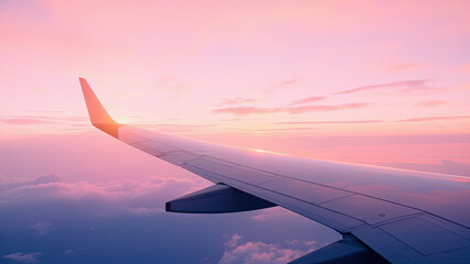 Obraz premium Airplane wing and sunset sky a beautiful and serene scene depicting air travel dreams