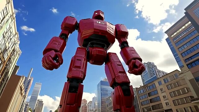 A towering red robot stands majestically in an urban setting under a bright blue sky