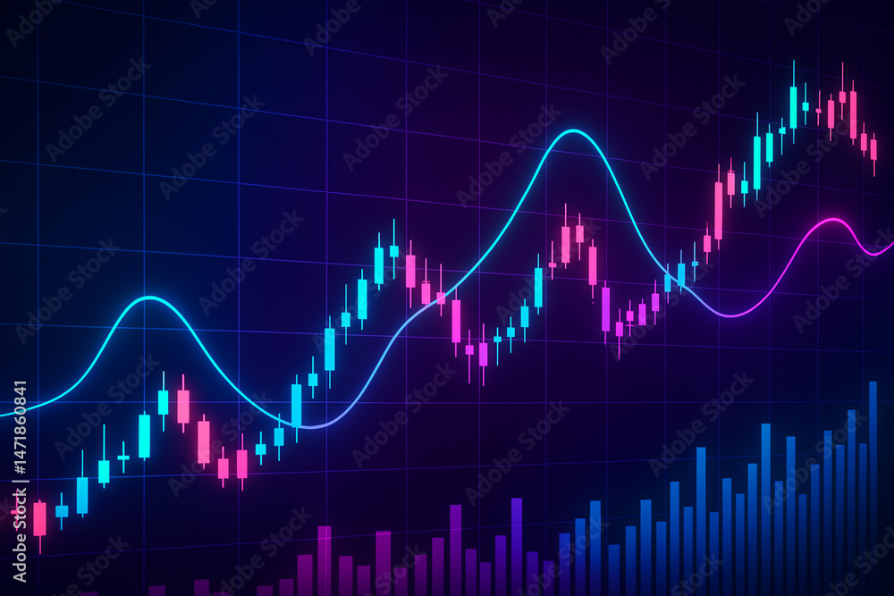 Poster a dynamic stock market chart visualizing financial trends with colorful lines and bars. ideal for il
