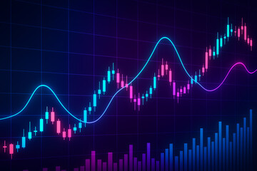 Fototapeta premium A dynamic stock market chart visualizing financial trends with colorful lines and bars. Ideal for illustrating economic growth, investments, and market analysis.