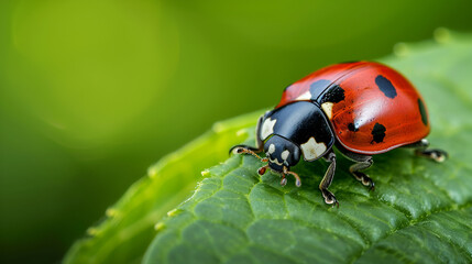 A close up of a ladybug with black spots on its red body sitting on a green leaf in a garden setting