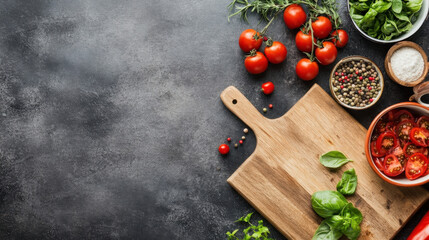 Overhead shot of rustic kitchen scene: wooden cutting board, cherry tomatoes, basil, peppercorns, and salt, creating a culinary backdrop. : Generative AI