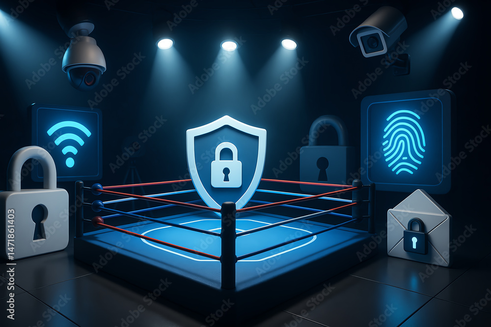 Poster a futuristic digital security arena with a central shield symbolizing protection. surrounded by vari