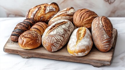 Collection of rustic sourdough and rye bread loaf on wood tray