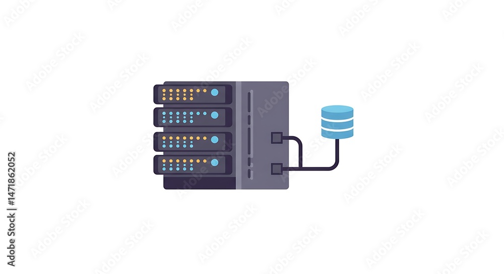 Poster stylized server rack and database illustration for data storage solutions