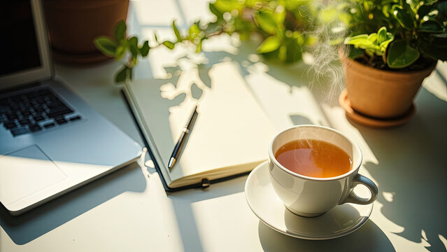 Relaxing workspace with a cup of tea notebook laptop and green plants on a sunny day - Powered by Adobe