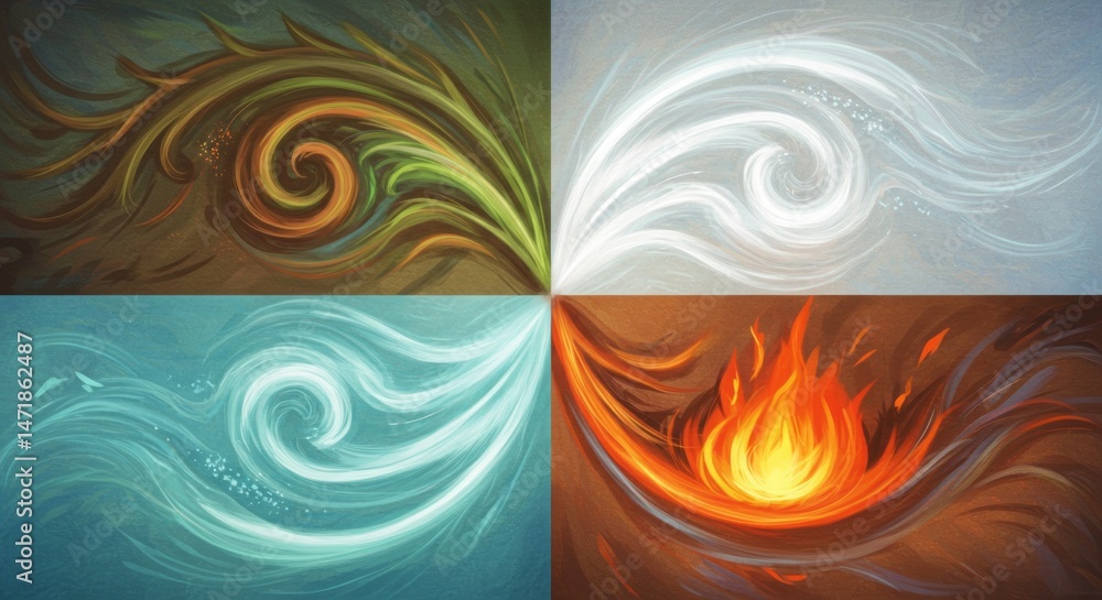 Poster abstract artistic representation of the four classical elements in a square composition