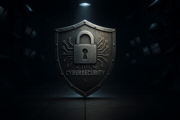 A sleek and modern cybersecurity shield logo against a dark, tech-inspired background. Represents protection and security in the digital world. Ideal for tech-related projects.