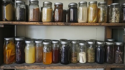 Collection of Herbs and Spices in Glass Jars on Wooden Shelf