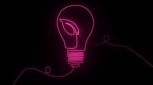 Neon glowing Plant inside Light bulb in one line drawing. Creative concept of Green energy and environmental friendly sources.