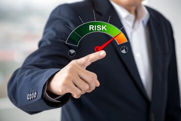 Risk assessment and management performance indicator gauge. Risk level gauge from low to high, performance evaluation, analysis, strategic planning, and decision-making process for business continuity