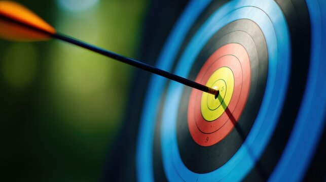 Close-up of an arrow striking the bullseye of a colorful archery target in a lush outdoor setting