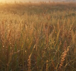 Fototapeta premium Sunrise illuminates abstract field of autumn grasses, dew-kissed & glowing , nature, rural, autumn