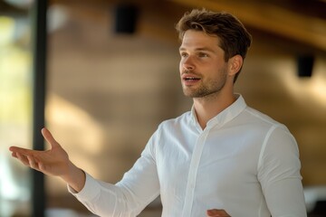 Man in white shirt making open hand gesture