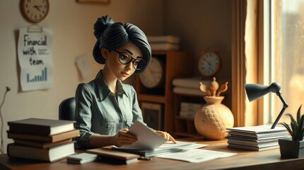 Animated woman with glasses reviewing paperwork at a desk in a home office setting near a window