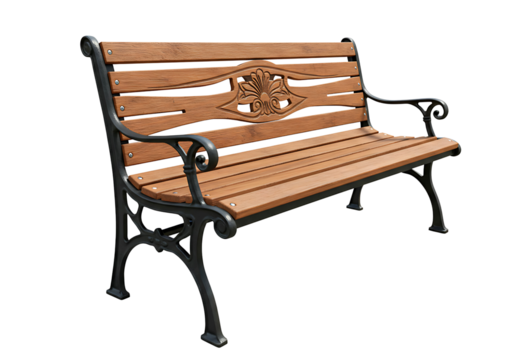 Wooden park bench with decorative metal backrest on transparent background
