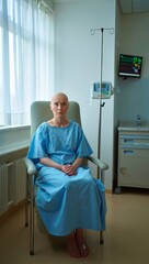 Fototapeta premium Emotional Photorealistic Portrait of a Chemotherapy Patient in a Quiet Hospital Room