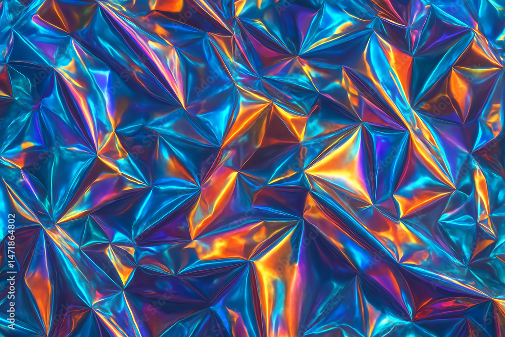 Poster a vibrant and colorful abstract texture featuring shiny, crumpled foil with a spectrum of iridescent