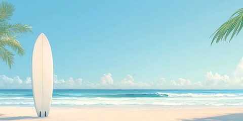 A surfboard (simple design) on a beach with soft waves, palm, and sunset.