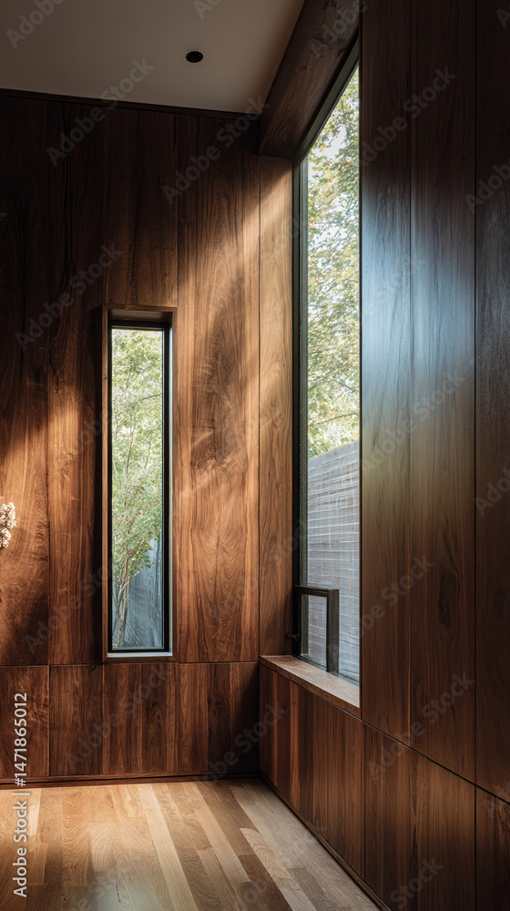 Poster sunlight streams through windows in a room with dark wood walls and light wood floor, creating a ser