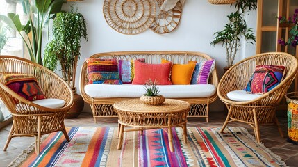 A bohemian-style living room with rattan furniture and colorful pillows