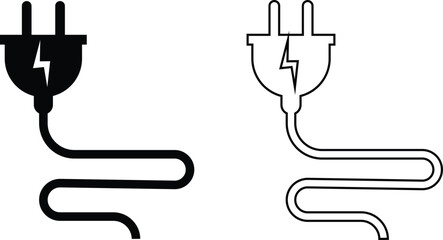 Electrical plug with lighting symbol and cable black vector icon set. Plug with wire cable ,energy , power, connection simple glyph pictogram symbol collection isolated on transparent background.