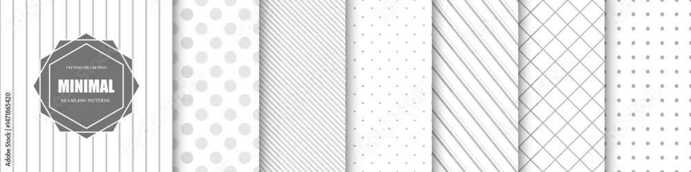 Poster Collection of grey geometric seamless patterns. Simple dotted and striped textures - repeatable unusual monochrome backgrounds. Textile endless prints