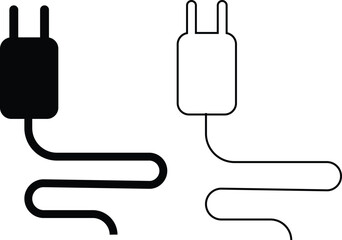 Electrical plug with lighting symbol and cable black vector icon set. Plug with wire cable ,energy , power, connection simple glyph pictogram symbol collection isolated on transparent background.