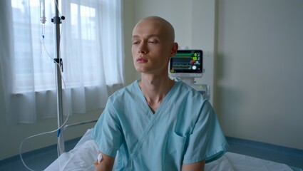 Fototapeta premium Emotional Photorealistic Portrait of a Chemotherapy Patient in a Quiet Hospital Room