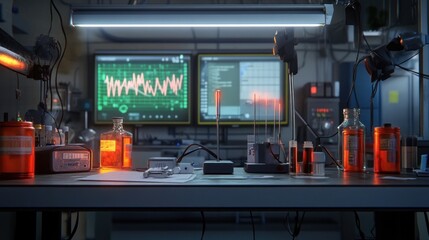 Fototapeta premium Dark Lab Bench Experiments at Night