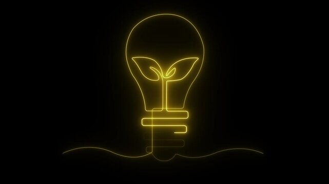 Neon glowing of light bulb inside plant. Continuous single line idea, creative, energy concept bulb.