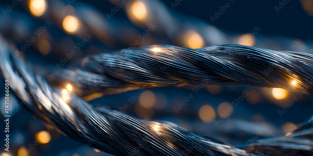 Poster close-up of dark metallic wire texture, intertwined strands with warm light accents, creating a dyna