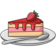 Strawberry cake slice dessert isolated vector illustration on white background