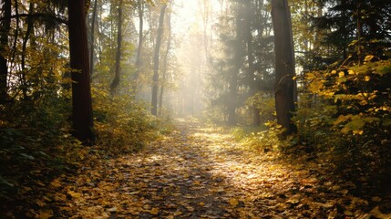 Fototapeta premium Autumn Forest Trail with Golden Leaves Carpet, Sunlight Filtering Through Trees in Peaceful Natural Setting.
