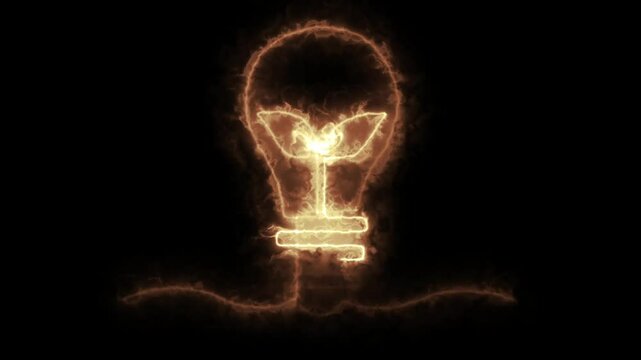 Neon glowing of light bulb inside plant. Continuous single line idea, creative, energy concept bulb.