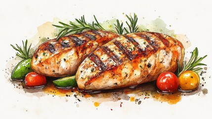Grilled chicken breast illustration with herbs and vegetables.