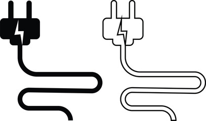 Electrical plug with lighting symbol and cable black vector icon set. Plug with wire cable ,energy , power, connection simple glyph pictogram symbol collection isolated on transparent background.