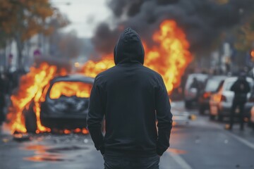 Aggressive Protester During Riot with Burning Car