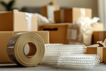 Packing Tape and Bubble Wrap Near Moving Boxes