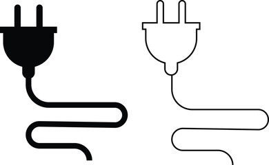 Electrical plug with lighting symbol and cable black vector icon set. Plug with wire cable ,energy , power, connection simple glyph pictogram symbol collection isolated on transparent background.