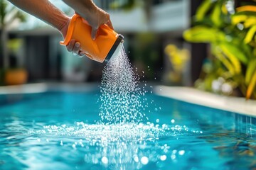 Pool Maintenance Worker Adding Salt for Disinfection