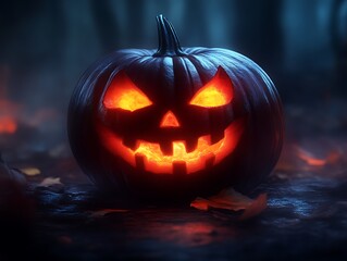 Glowing Jack O Lantern in Dark Forest