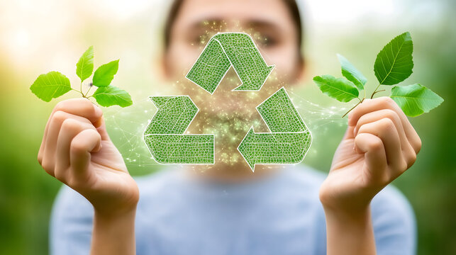 A close-up of a person holding fresh green leaves in both hands with a glowing recycling symbol overlaid in the center