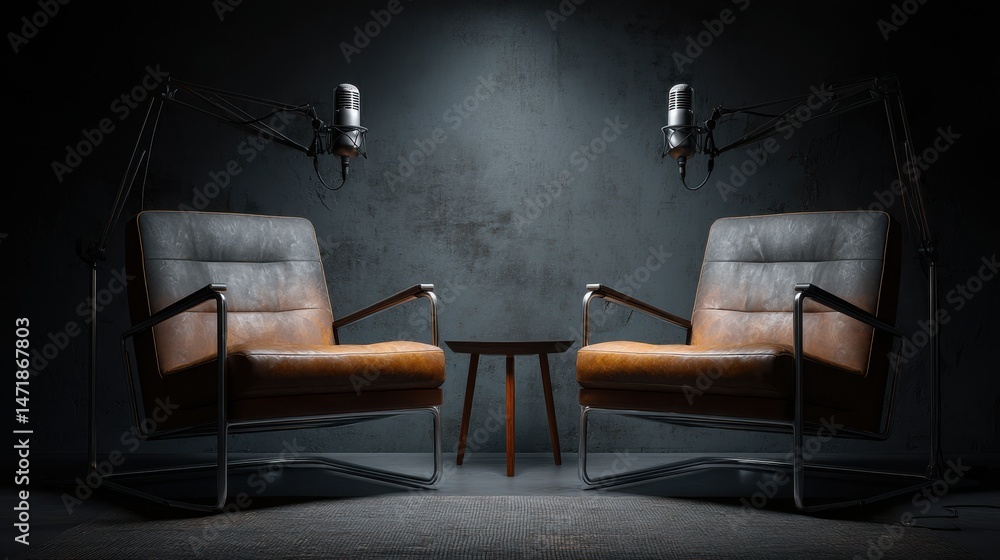 Poster a stunning image of professional interview setup featuring twin modern chairs and dual studio microp