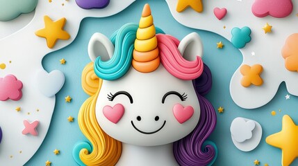 Obraz premium Cute core and playful concept. A colorful, smiling unicorn with a rainbow mane surrounded by stars and clouds, created using playful, vibrant materials.