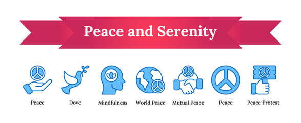 Peace and Serenity Icons - Blue fill outline icon set - peace, mindfulness, and global unity
