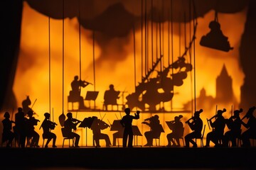 Silhouette of symphony orchestra performing on stage