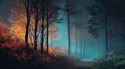 Beautiful autumn forest landscape wallpaper background with trees and fog scenic view desktop wallpaper
