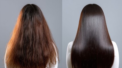 Fototapeta premium before and after hair treatment, straight to curly long brown hair