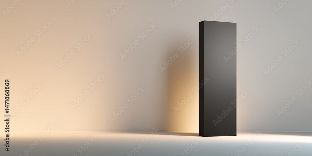 Poster tall black vertical rectangle on beige background, showcasing ample free space for text or product d